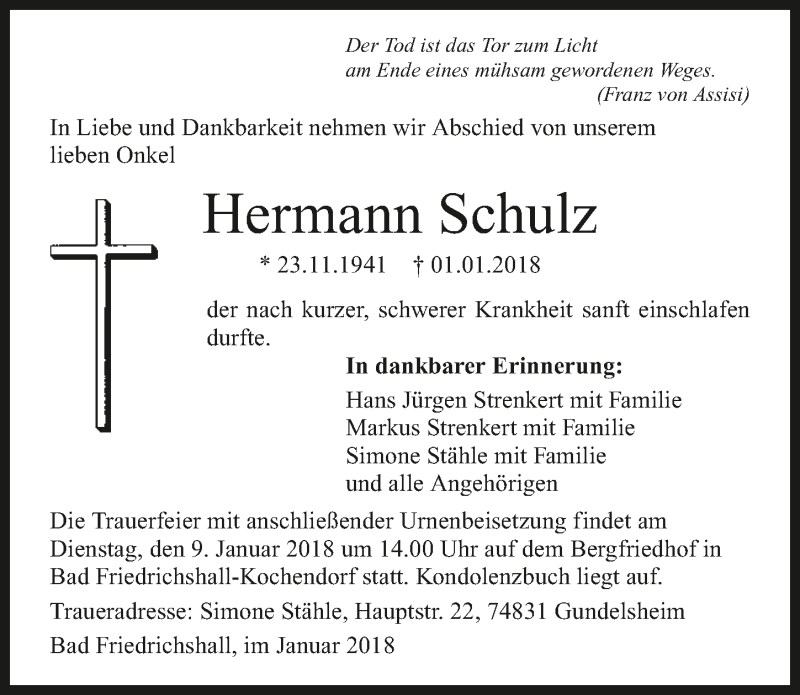  Traueranzeige für Hermann Schulz vom 04.01.2018 aus 