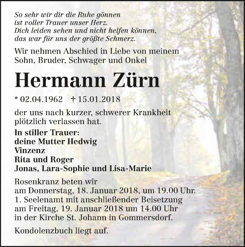  Traueranzeige für Hermann Zürn vom 18.01.2018 aus 