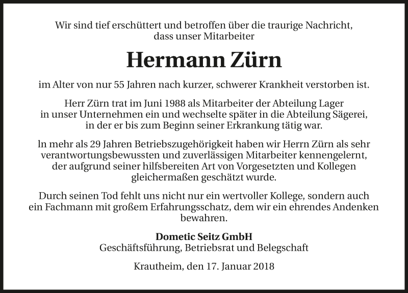  Traueranzeige für Hermann Zürn vom 18.01.2018 aus 