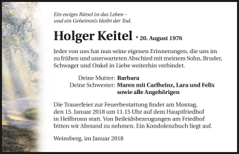 Traueranzeige von Holger Keitel 