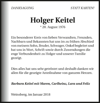Traueranzeige von Holger Keitel 