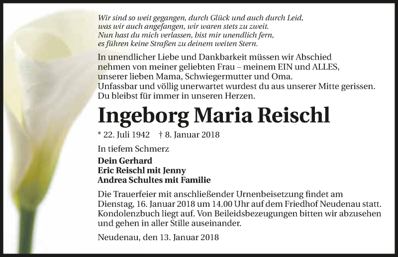  Traueranzeige für Ingeborg Reischl vom 13.01.2018 aus 