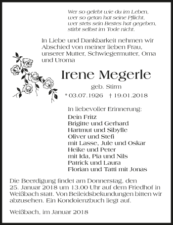 Traueranzeige von Irene Megerle 