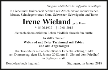 Traueranzeige von Irene Wieland 