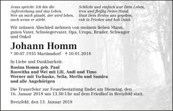 Traueranzeige von Johann Homm 