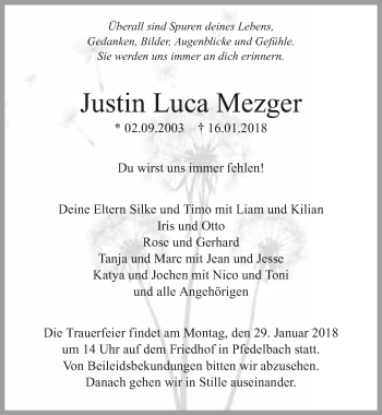 Traueranzeige von Justin Luca Mezger 