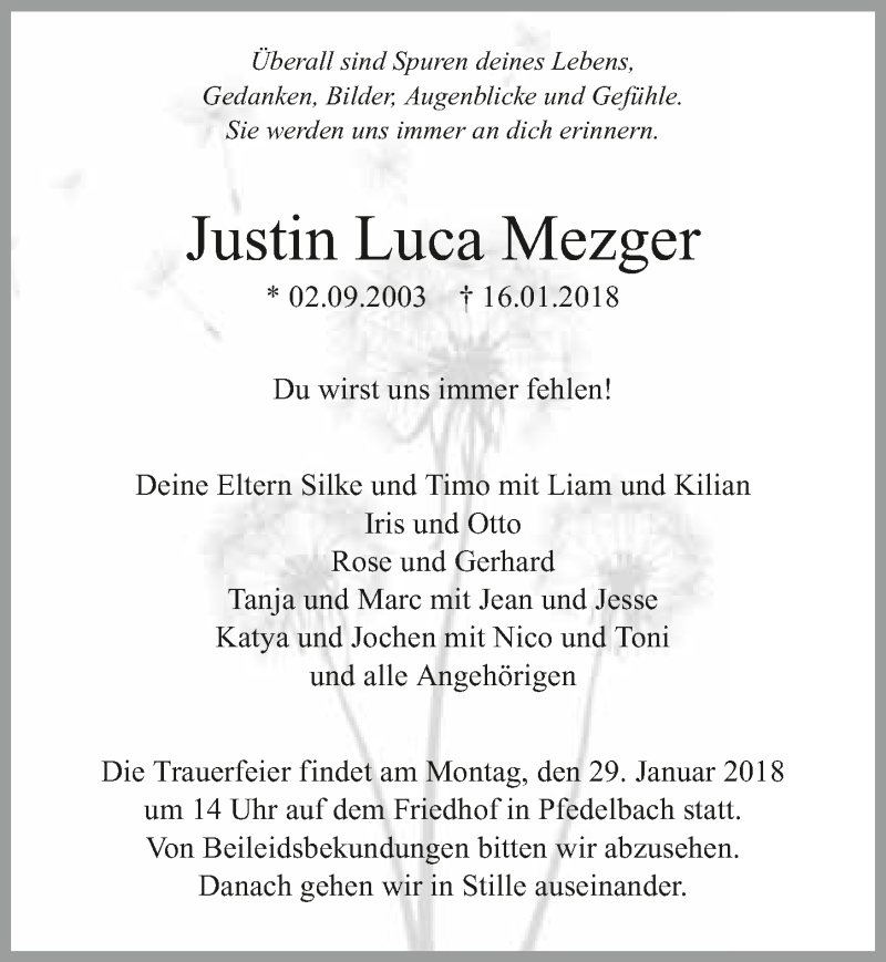  Traueranzeige für Justin Luca Mezger vom 24.01.2018 aus 