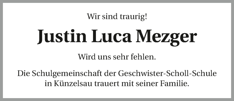  Traueranzeige für Justin Luca Mezger vom 26.01.2018 aus 