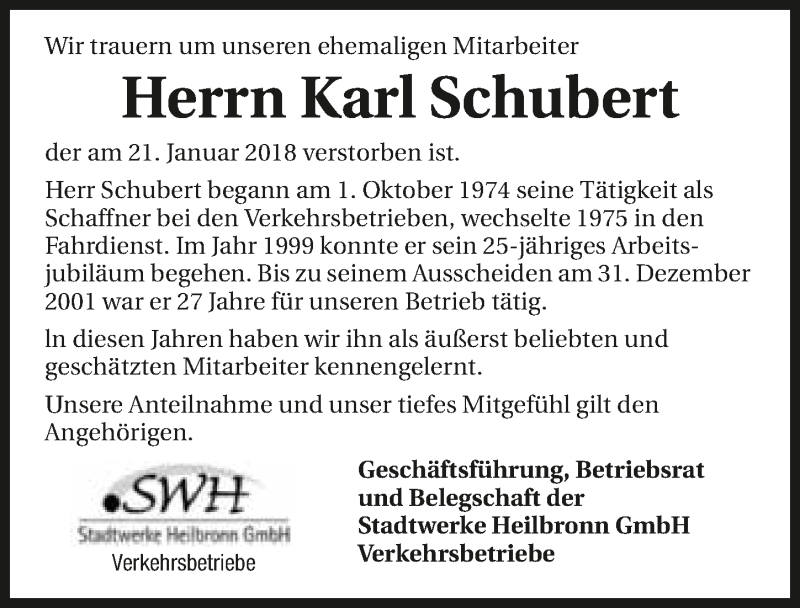  Traueranzeige für Karl Schubert vom 27.01.2018 aus 