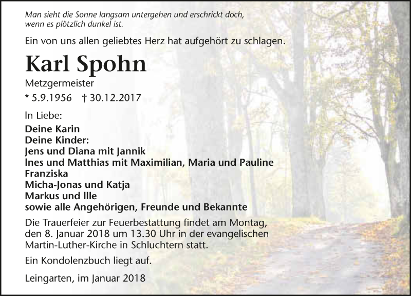  Traueranzeige für Karl Spohn vom 05.01.2018 aus 