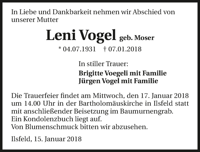  Traueranzeige für Leni Vogel vom 15.01.2018 aus 