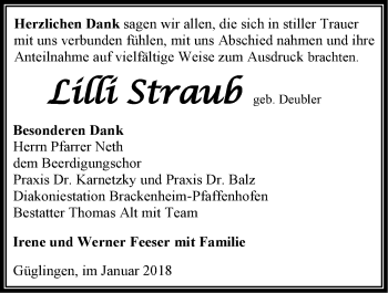 Traueranzeige von Lilli Straub 
