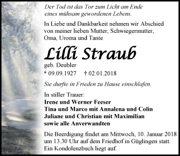 Traueranzeige von Lilli Straub 