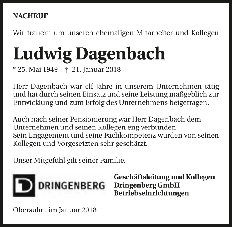 Traueranzeige für Ludwig Dagenbach vom 27.01.2018 aus 