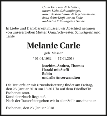 Traueranzeige von Melanie Carle 