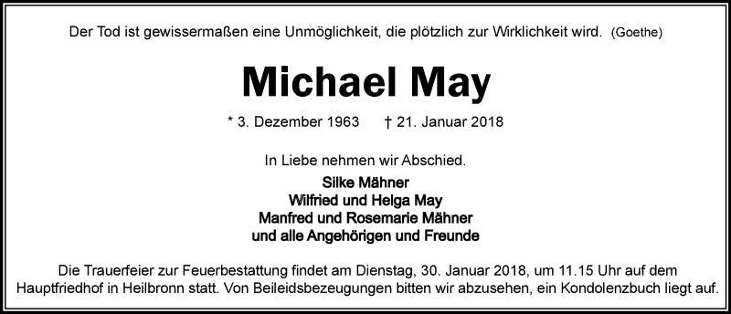 Traueranzeige für Michael May vom 27.01.2018 aus 