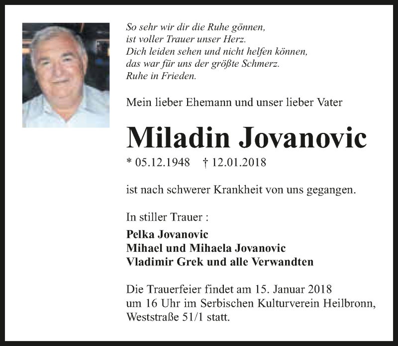  Traueranzeige für Miladin Jovanovic vom 13.01.2018 aus 