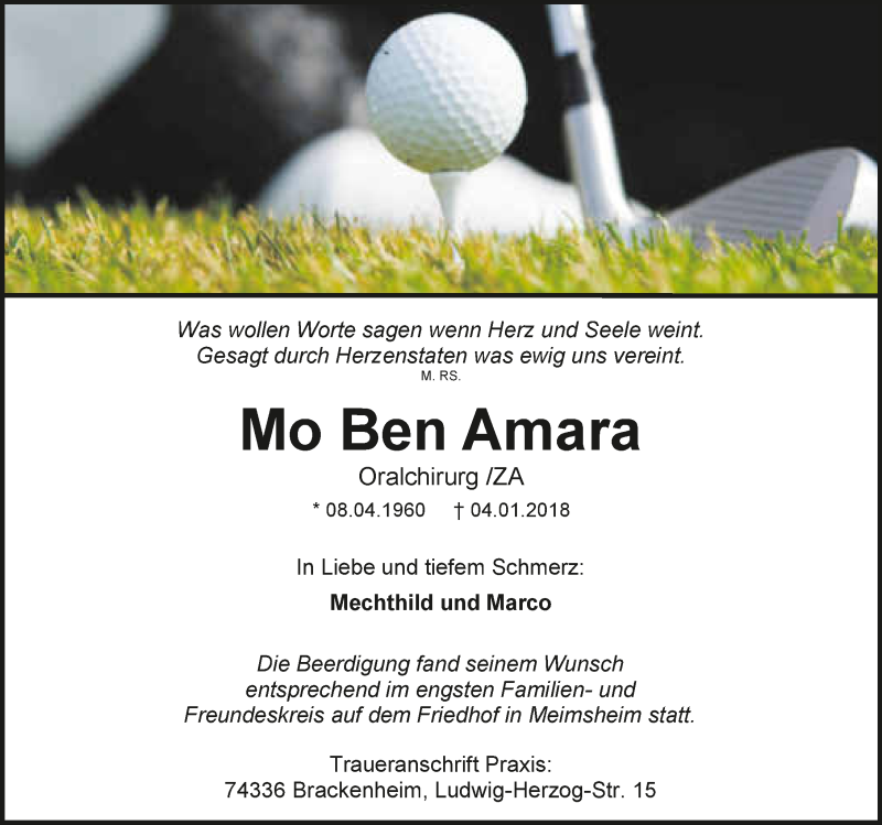  Traueranzeige für Mohamed Ben Amara vom 13.01.2018 aus 