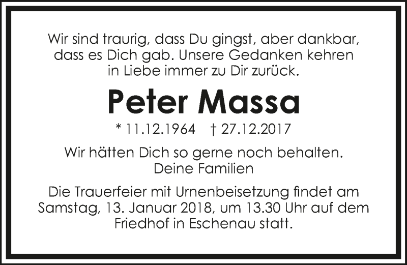  Traueranzeige für Peter Massa vom 08.01.2018 aus 