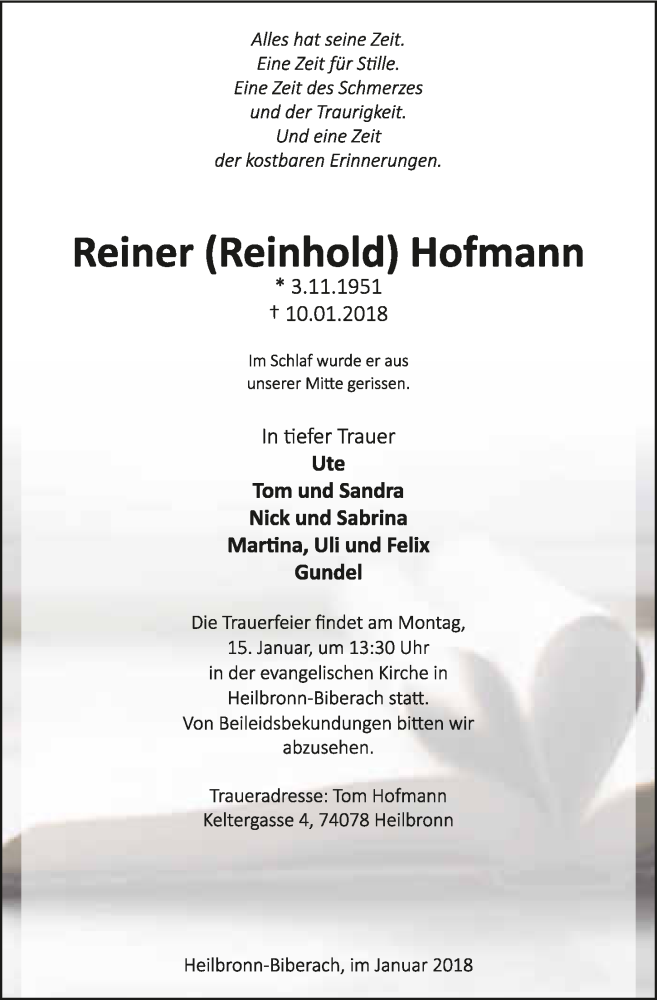 Traueranzeige für Reiner Hofmann vom 13.01.2018 aus 