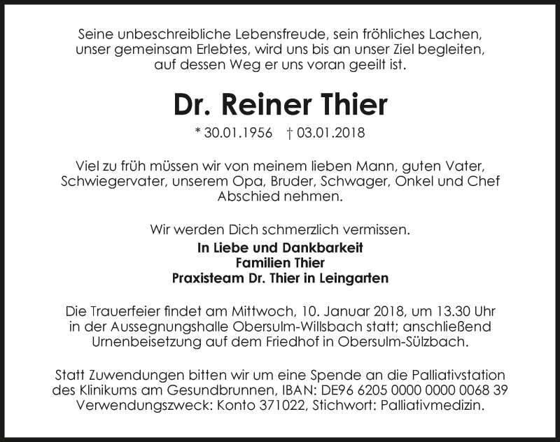  Traueranzeige für Reiner Thier vom 08.01.2018 aus 