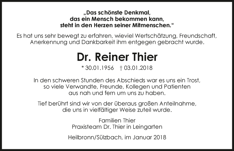  Traueranzeige für Reiner Thier vom 13.01.2018 aus 