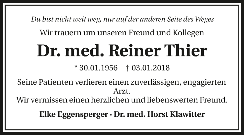  Traueranzeige für Reiner Thier vom 09.01.2018 aus 