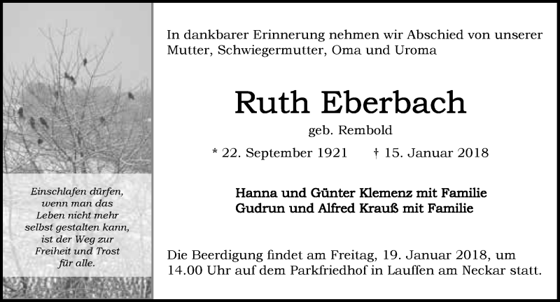  Traueranzeige für Ruth Eberbach vom 17.01.2018 aus 