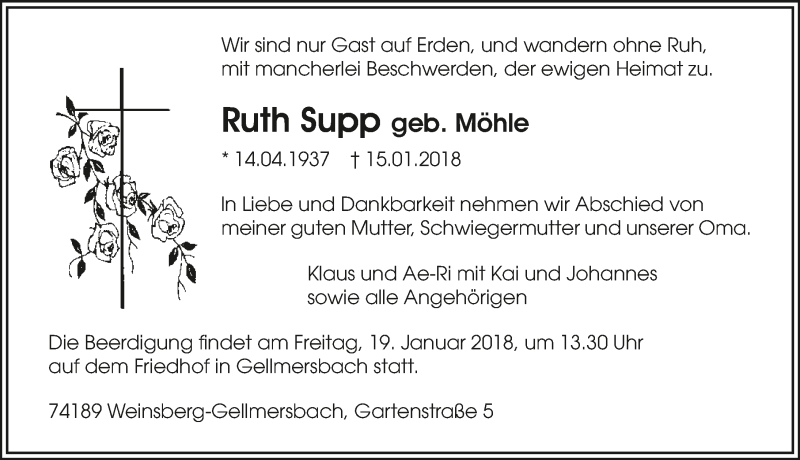  Traueranzeige für Ruth Supp vom 17.01.2018 aus 