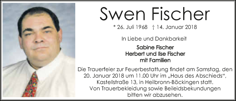  Traueranzeige für Swen Fischer vom 17.01.2018 aus 