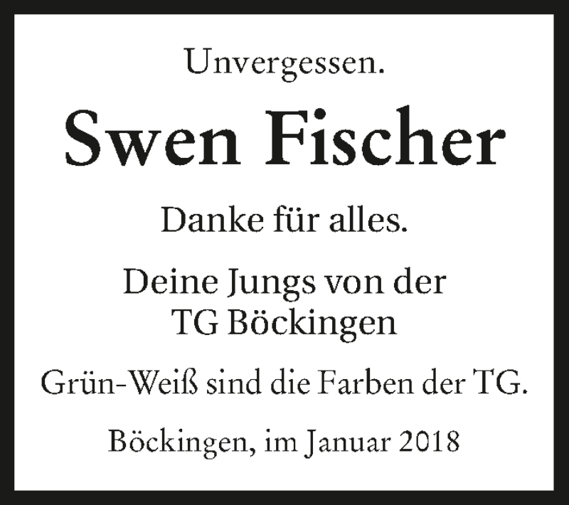  Traueranzeige für Swen Fischer vom 29.01.2018 aus 