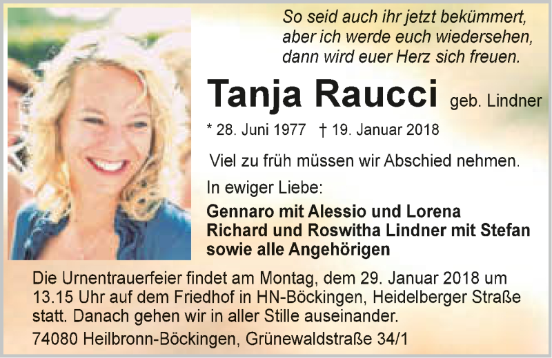  Traueranzeige für Tanja Raucci vom 25.01.2018 aus 