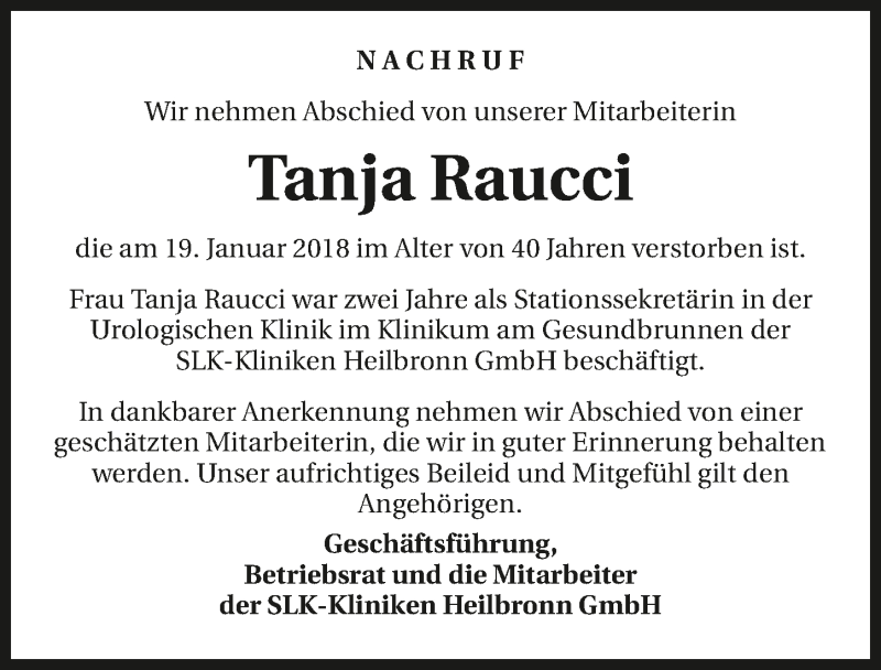  Traueranzeige für Tanja Raucci vom 26.01.2018 aus 