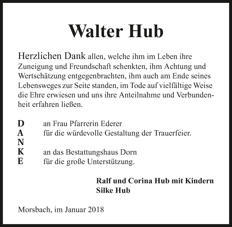  Traueranzeige für Walter Hub vom 13.01.2018 aus 