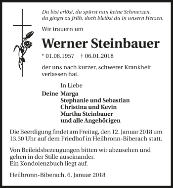 Traueranzeige von Werner Steinbauer 