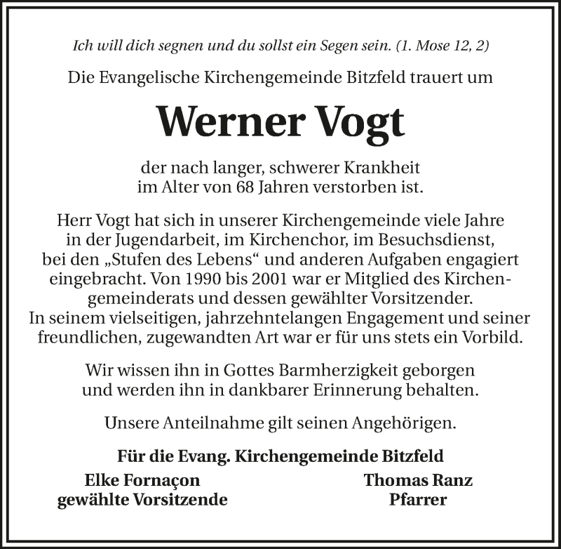  Traueranzeige für Werner Vogt vom 26.01.2018 aus 