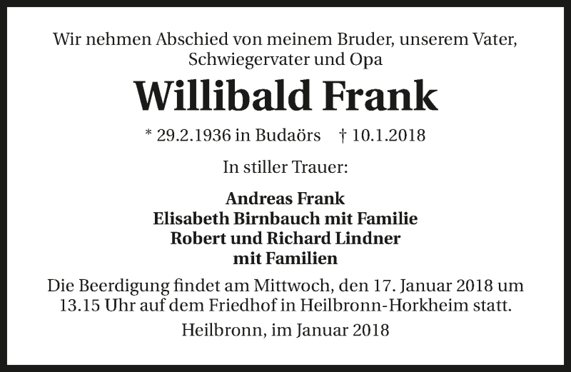  Traueranzeige für Willibald Frank vom 13.01.2018 aus 