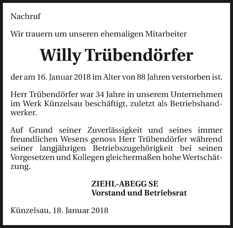  Traueranzeige für Willy Trübendörfer vom 19.01.2018 aus 