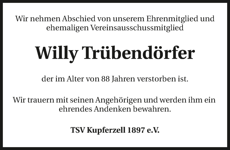  Traueranzeige für Willy Trübendörfer vom 22.01.2018 aus 