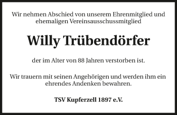 Traueranzeige von Willy Trübendörfer 