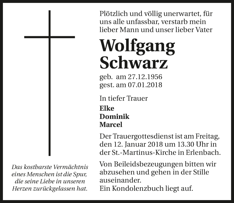  Traueranzeige für Wolfgang Schwarz vom 10.01.2018 aus 
