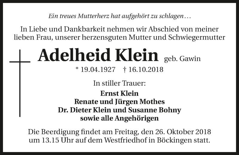  Traueranzeige für Adelheid Klein vom 20.10.2018 aus 