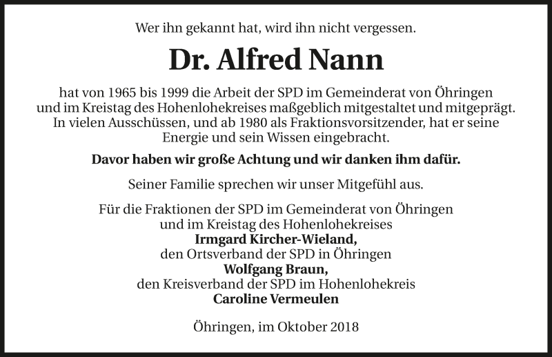  Traueranzeige für Alfred Nann vom 20.10.2018 aus 