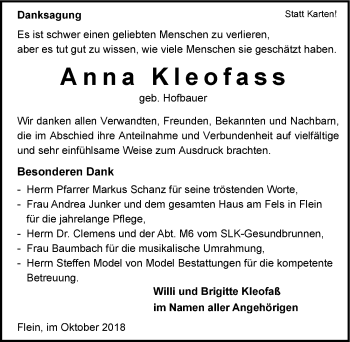 Traueranzeige von Anna Kleofass 