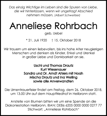 Traueranzeige von Anneliese Rohrbach 