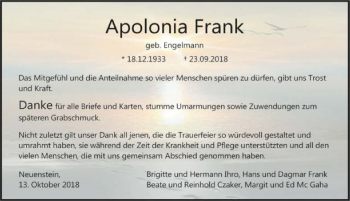 Traueranzeige von Apolonia Frank 