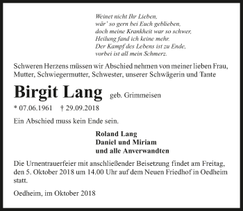 Traueranzeige von Birgit Lang 