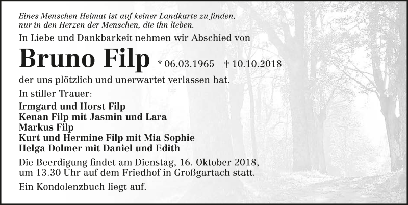  Traueranzeige für Bruno Filp vom 13.10.2018 aus 