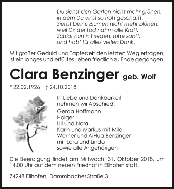 Traueranzeige von Clara Benzinger 