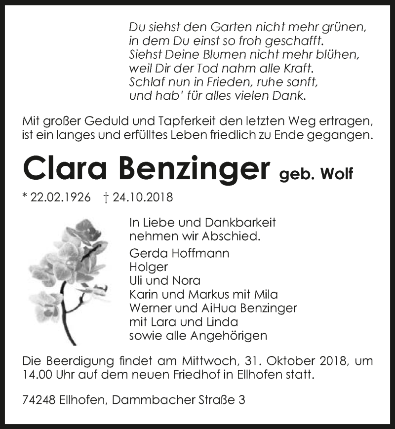  Traueranzeige für Clara Benzinger vom 27.10.2018 aus 
